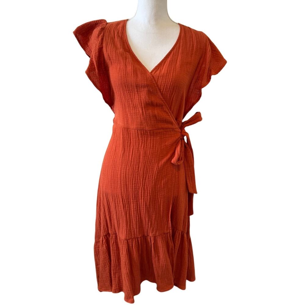 Anthropologie Drew Crinkle Cotton Midi Wrap Dress Burnt Orange S